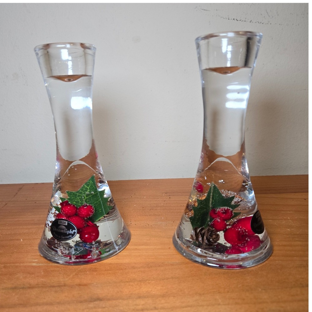 GILDE Dreamlight Germany Art Glass Candle Holders Set of 2 Holly Berry Pinecone